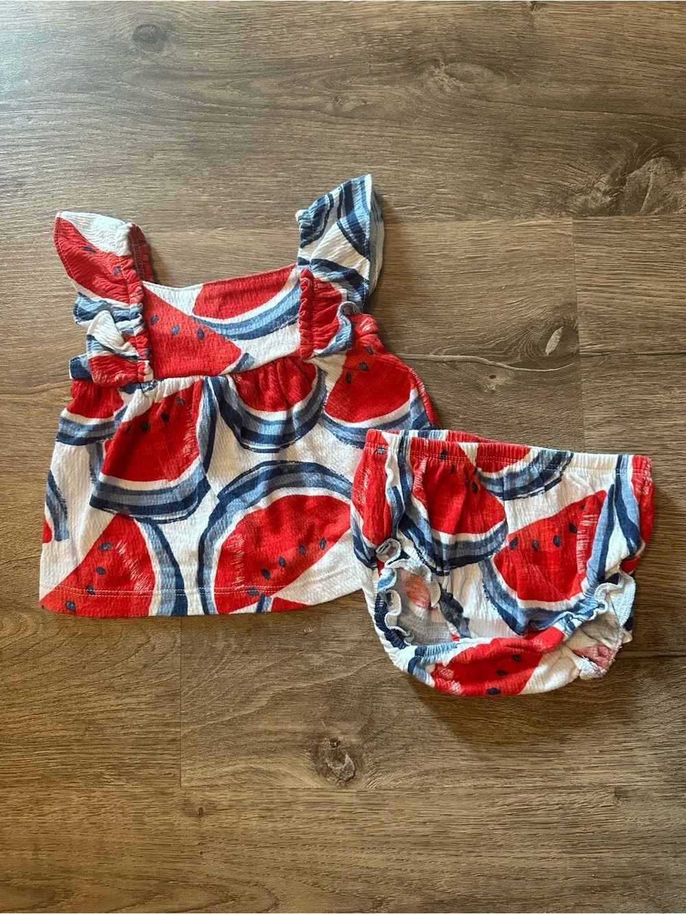Carters Baby Two-Piece Watermelon Print Top & Bloomer Set - Red/Blue